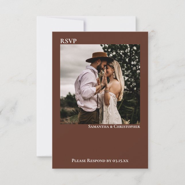 Brown Modern Simple Minimalist Photo Wedding RSVP Card (Front)