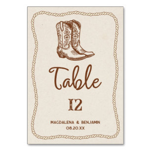 Brown Modern Western Cowboy Boots Rope Wedding Table Number
