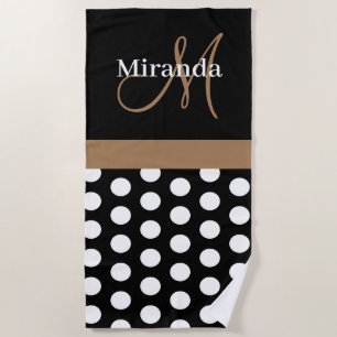 Brown Monogram Black White Polka Dot Beach Towel