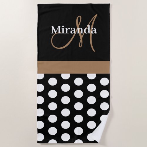 Brown Monogram Black White Polka Dot Beach Towel