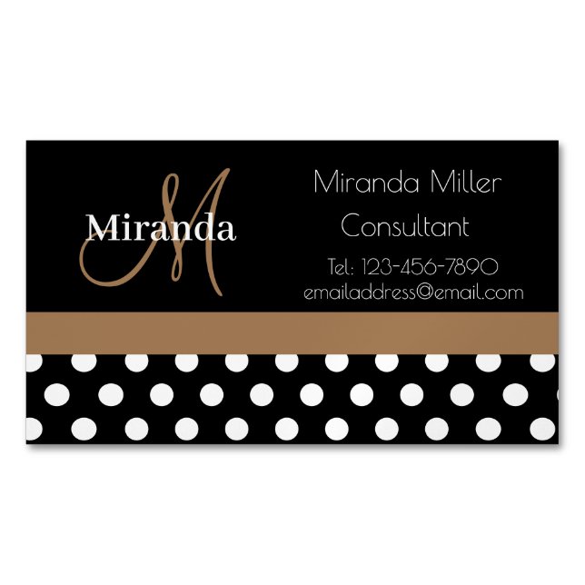  Brown Monogram Black White Polka Dot Business Card Magnet (Front)