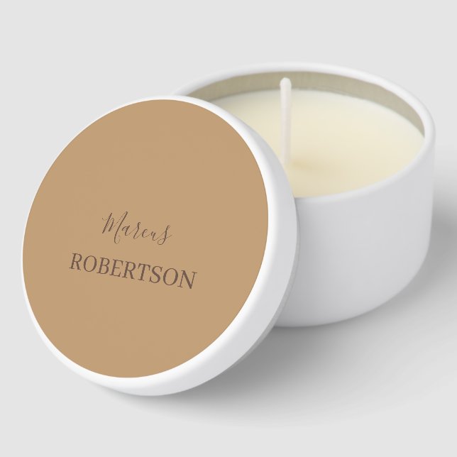 Brown monogram calligraphy minimalist professional mini candle favors (Corner)