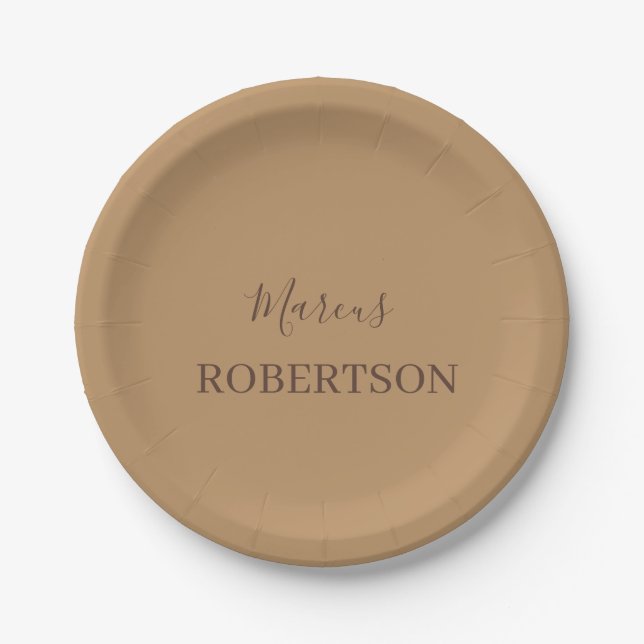 Brown monogram calligraphy minimalist professional paper plates (Front)
