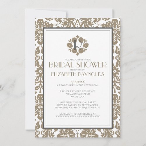 Brown Monogram Damask Bridal Shower Invitations