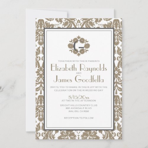 Brown Monogram Damask Wedding Invitations