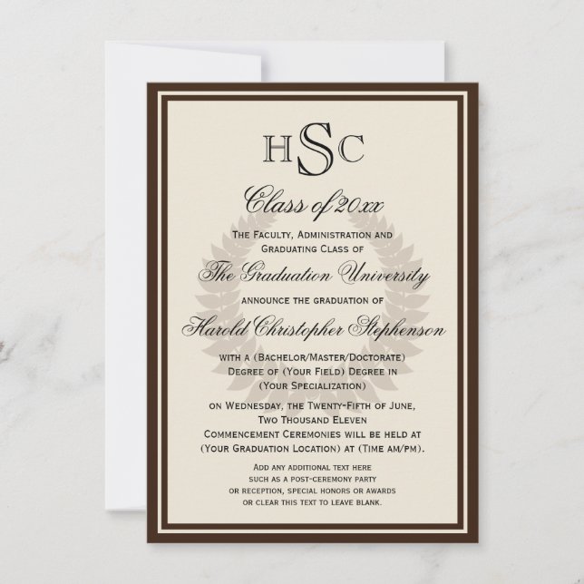 Brown Monogram Laurel Classic College Graduation Invitation (Front)