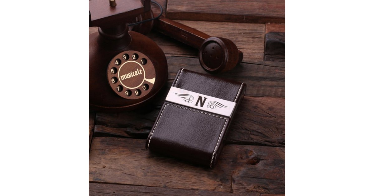 Brown Monogram Leather Business Card Holder Zazzle