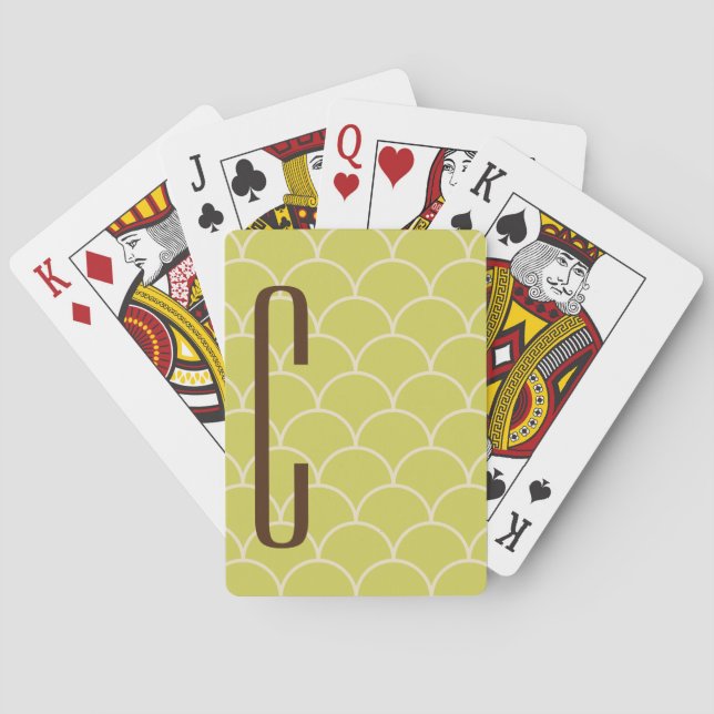 Brown Monogram on Retro Green Pattern Poker Cards (Back)
