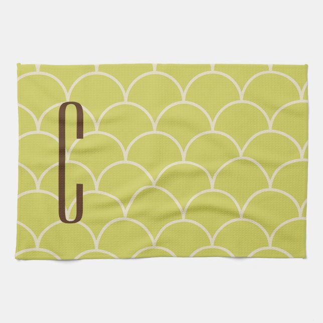 Brown Monogram on Retro Green Pattern Towel (Horizontal)