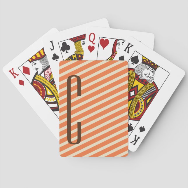 Brown Monogram on Retro Orange Diagonal Stripes Poker Cards (Back)