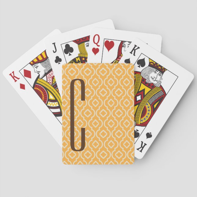 Brown Monogram on Retro Orange Pattern Poker Cards (Back)