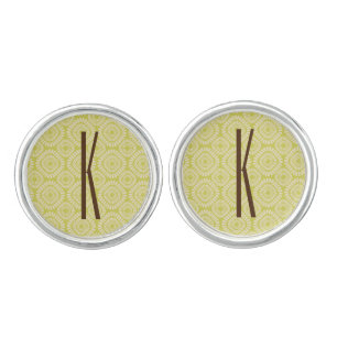 Brown Monogram on Retro Sage Green Pattern Cufflinks