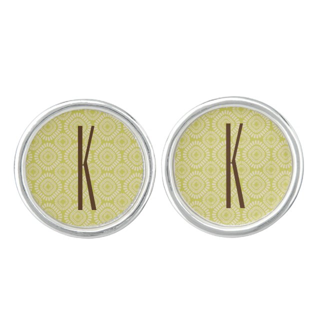 Brown Monogram on Retro Sage Green Pattern Cufflinks (Front)