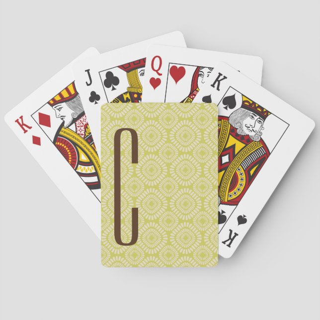 Brown Monogram on Retro Sage Green Pattern Poker Cards (Back)