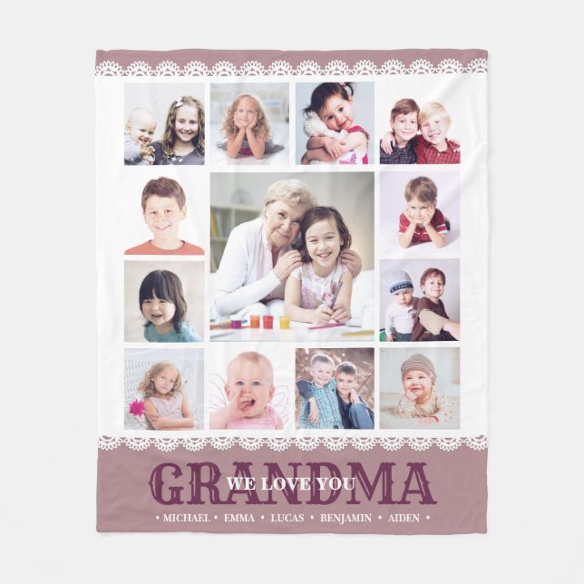 Brown Monogram Photo Collage Fleece Blanket (Front)