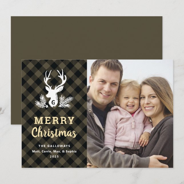Brown Monogram Plaid Country Christmas Photo Card (Front/Back)