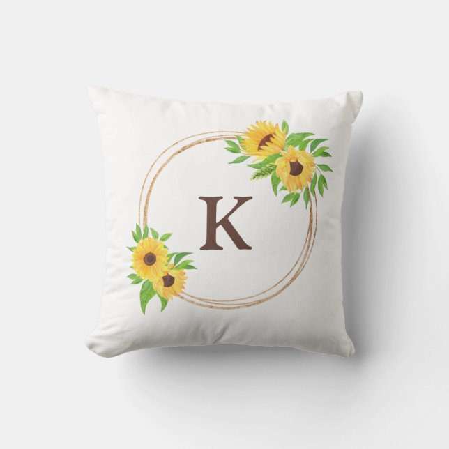 Brown Monogram Sunflowers Gold Frame Green Leaves Throw Pillow (Front)