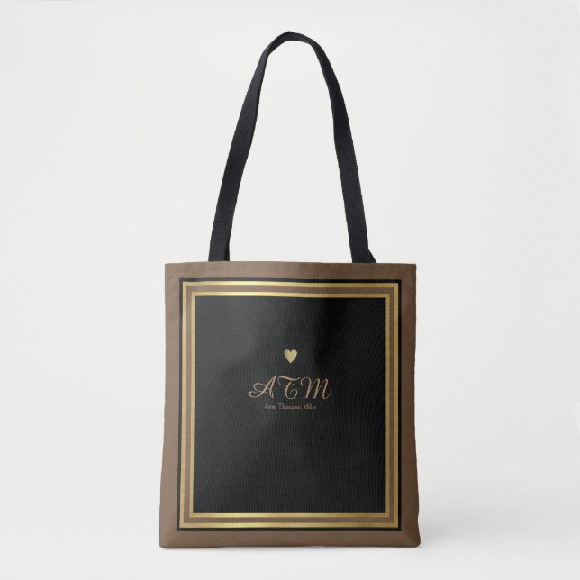 Brown Monogrammed tote bag with faux gold hearts (Front)