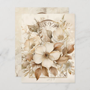 Brown Monotone and White Roses Gold Frame RSVP Card