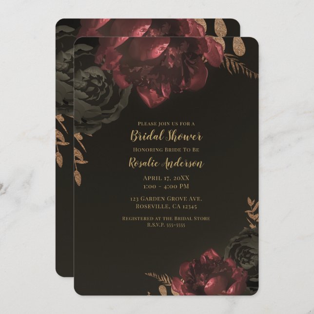 Brown Moody Dark Floral Gold Greenery Bridal Invitation (Front/Back)
