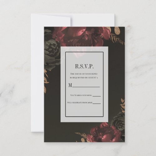  Brown Moody Dark Floral Gold Greenery RSVP Reply Invitation