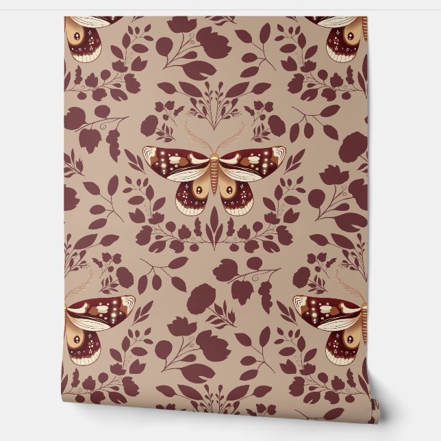 Brown Moth & Brown Foliage Wallpaper on Warm Beige (Unrolling)