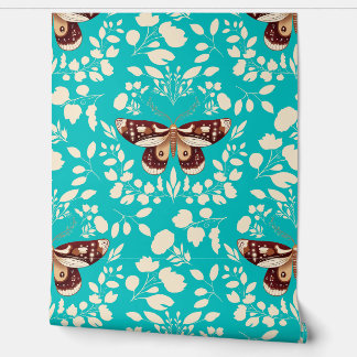 Brown Moth & Cream Foliage Wallpaper on Turquoise