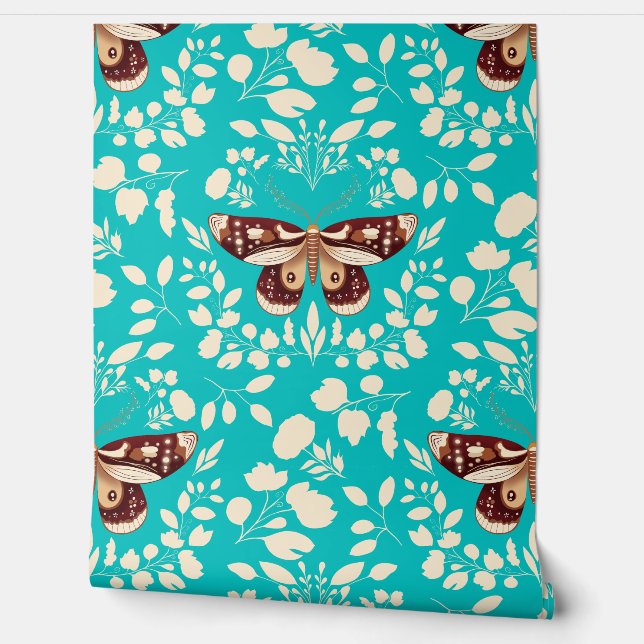 Brown Moth & Cream Foliage Wallpaper on Turquoise Wallpaper (Unrolling)