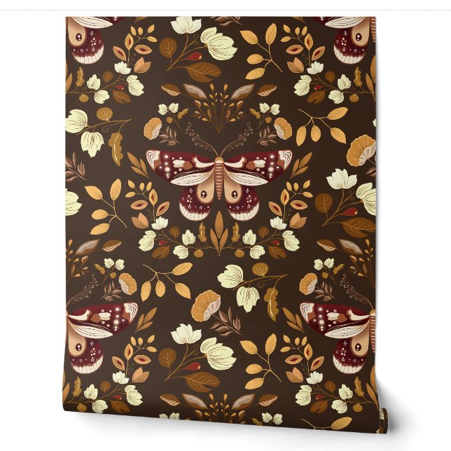 Brown Moth & Floral Wallpaper Dark Brown Wallpaper Wallpaper (Unrolling)