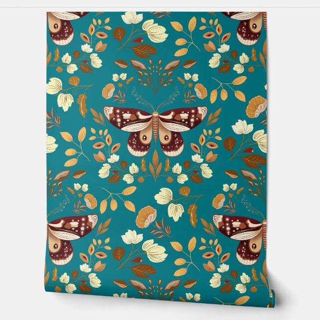 Brown Moth & Floral Wallpaper on Striking Teal Wallpaper (Unrolling)