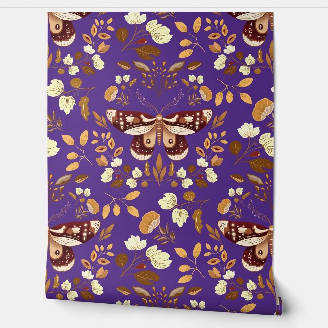 Brown Moth & Floral Wallpaper Purple Wallpaper (Unrolling)