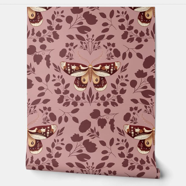 Brown Moth & Foliage Wallpaper on Pink Wallpaper (Unrolling)