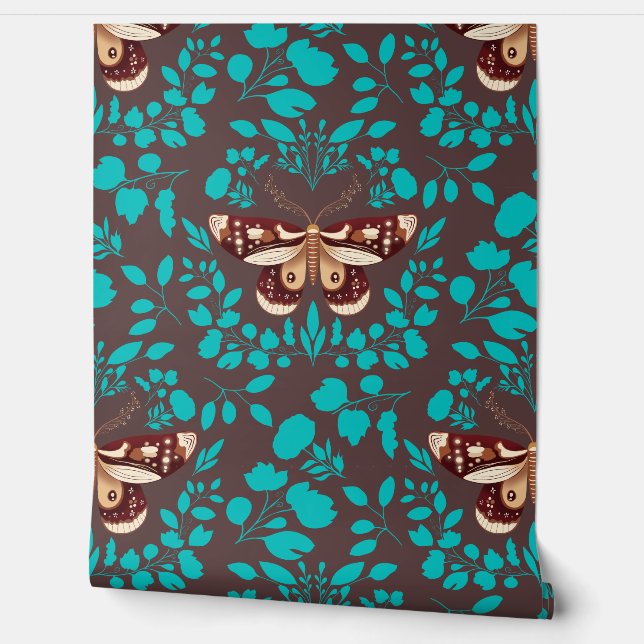 Brown Moth & Teal Foliage Wallpaper Rich Brown Wallpaper (Unrolling)