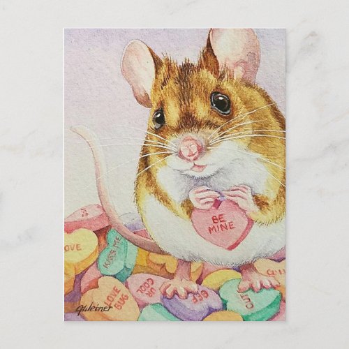 Brown Mouse Be Mine Valentine Candy Watercolor Art Postcard