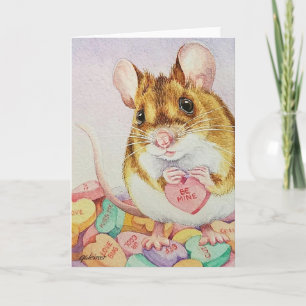 Brown Mouse Valentine Be Mine Candy Watercolor Art Card