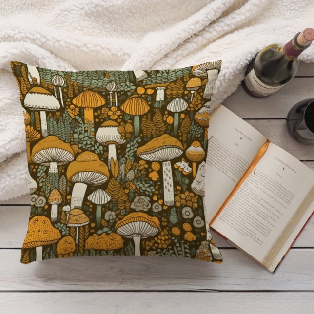 Brown Mushrooms Vintage Botanical  Throw Pillow (Retro orange mushrooms on brown decorator pillow)