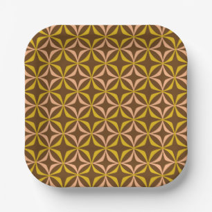 Brown Mustard Peach Retro 70s Geometric Pattern Paper Plates