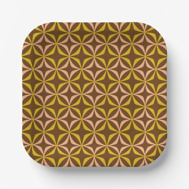 Brown Mustard Peach Retro 70s Geometric Pattern Paper Plates (Front)
