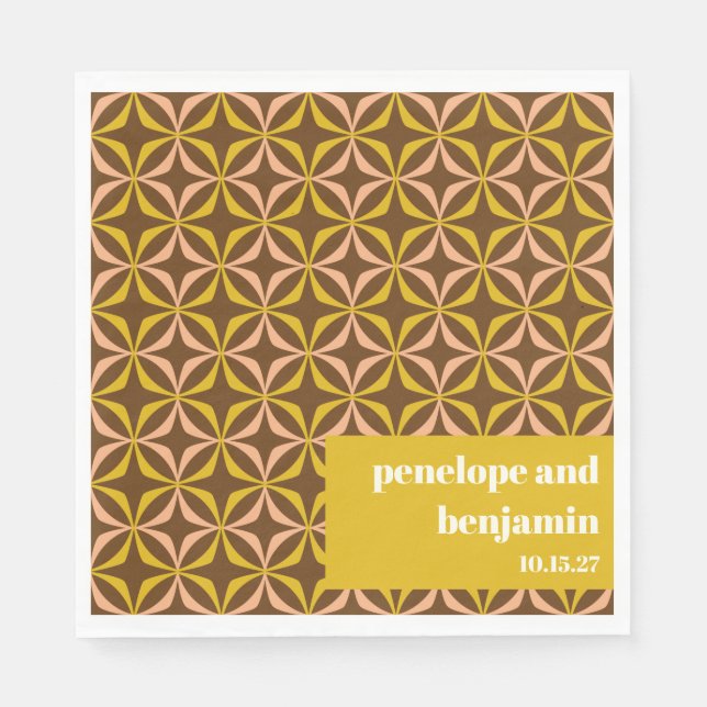 Brown Mustard Retro 70s Geometric Wedding Napkins (Front)