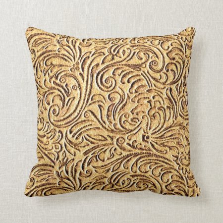 Brown Mustard Vintage Floral Scrollwork Rustic Throw Pillow