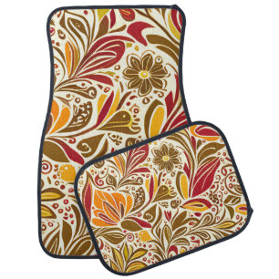 Brown Mustard Whimsical Floral Pattern Car Floor Mat