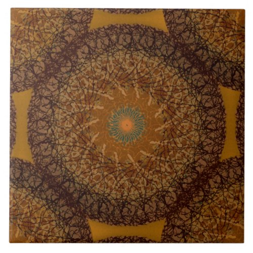 Brown Mustard Yellow Boho Mandala 70s Inspired Ceramic Tile