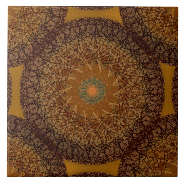 Brown Mustard Yellow Boho Mandala 70s Inspired Ceramic Tile (Front)