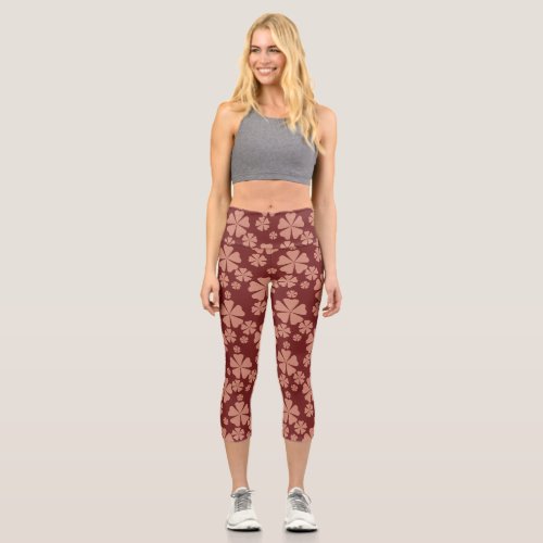 Brown Muted Floral Abstract Pattern Capri Leggings