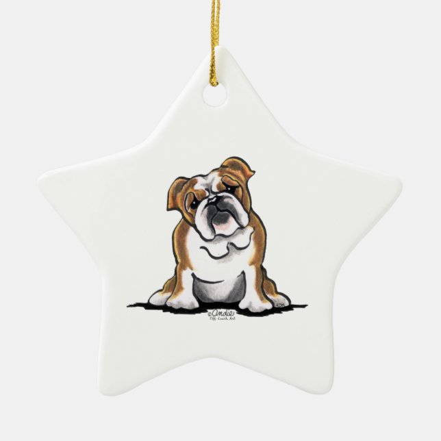 Brown n White English Bulldog Sit Pretty Ceramic Ornament (Front)
