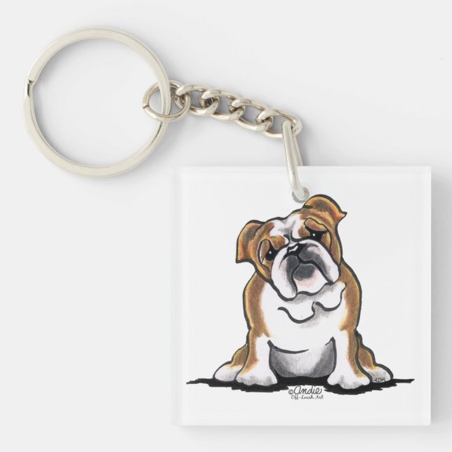 Brown n White English Bulldog Sit Pretty Keychain (Front)