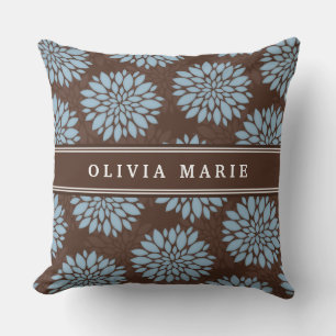 Brown Name Baby Blue Flower Blossom Pattern Throw Pillow