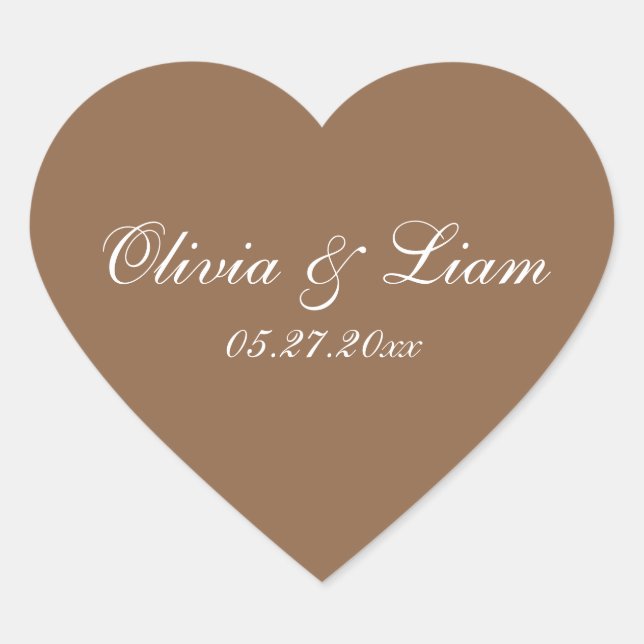 Brown Name Date Elegant Wedding Heart Sticker (Front)