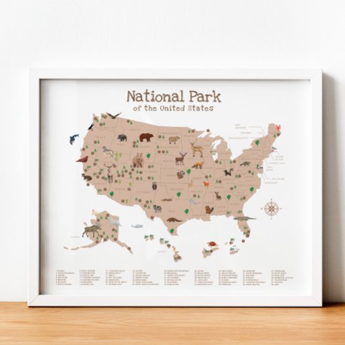 Brown National Park Map Woodland Nursery Print