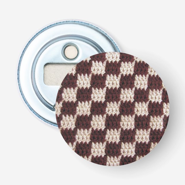 Brown Natural Checker Board Squares Crochet Print Bottle Opener (Front)